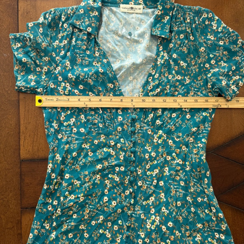 Natural Life Teal Floral Button Front Mini Dress Short Puff Sleeve XS Boho NWOT - Picture 5 of 7